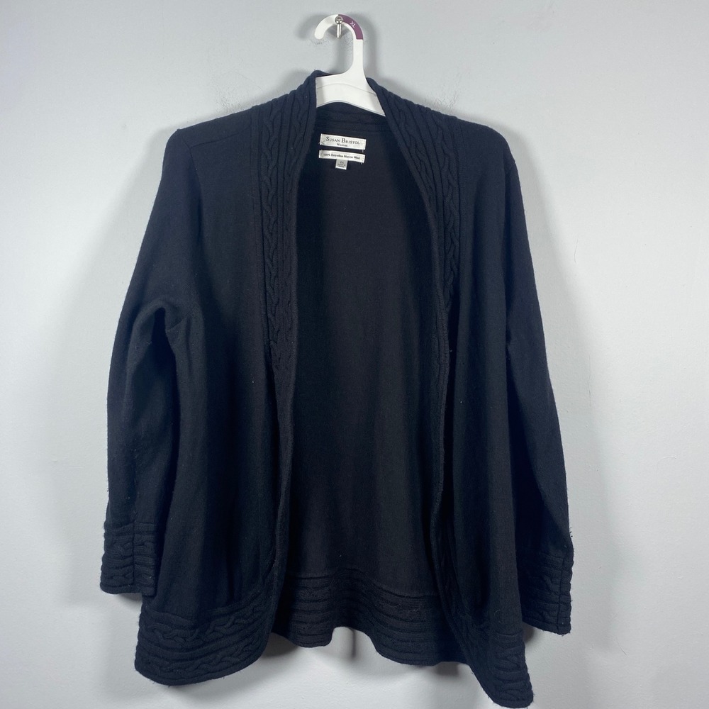 Susan Bristol Cardigan Sweater Women's 2X Black Extrafine Merino Wool Cable Knit